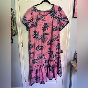Vintage Hilo Hattie Pink and Teal Tiki Hawaiian Tropical Floral Dress